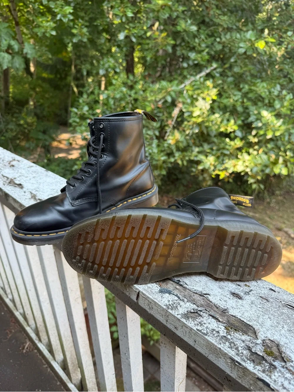 Dr. Martens Black Leather Lace-Up Boots with Yellow Stitching